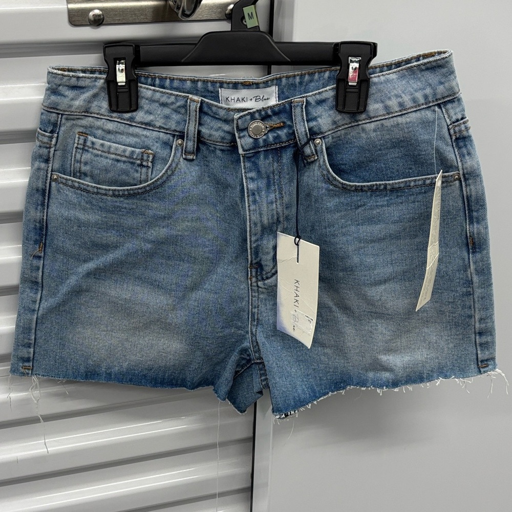 NWT Khaki + Blue Women's Casual Denim Shorts Raw Hem Pride Rainbow Heart Juniors